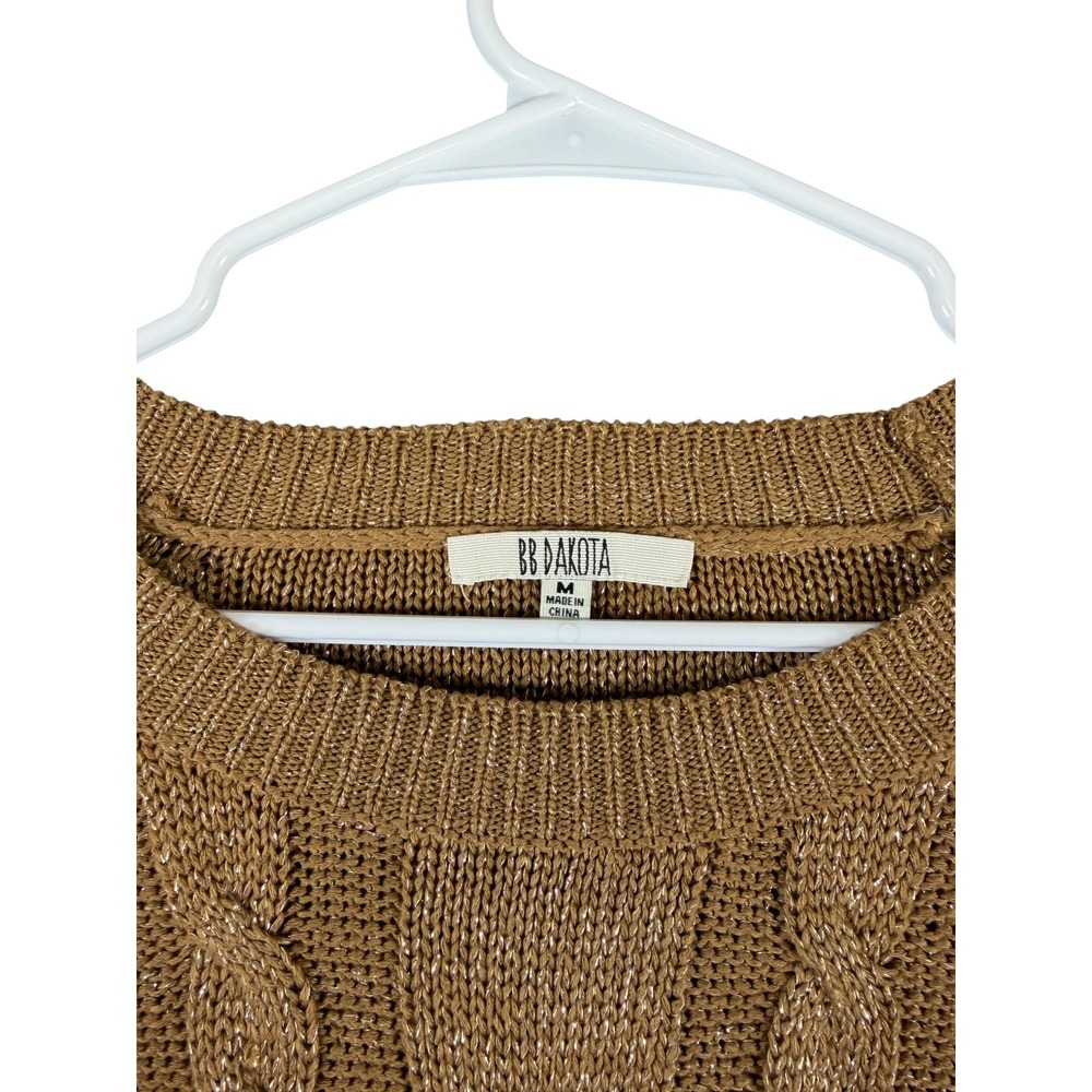BB Dakota Womens Gold Metallic Cable Knit Diamond Raglan Pullover Sweater Size M - Picture 2 of 4